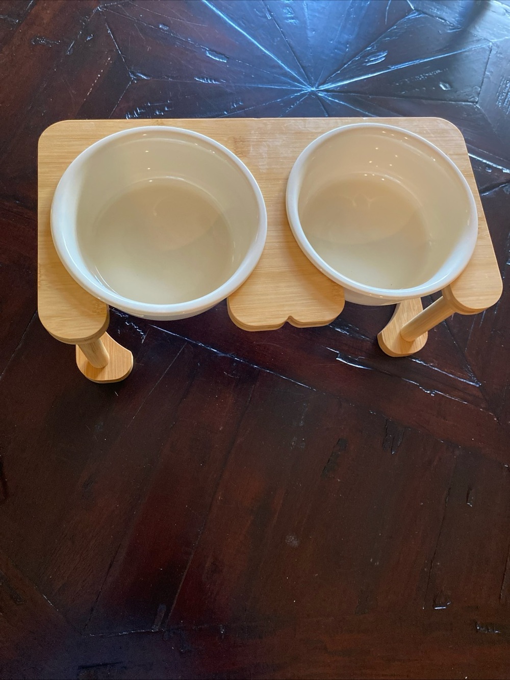 Raised Double Pet Feeding Set with Natural Wood Stand and Cream Bowls